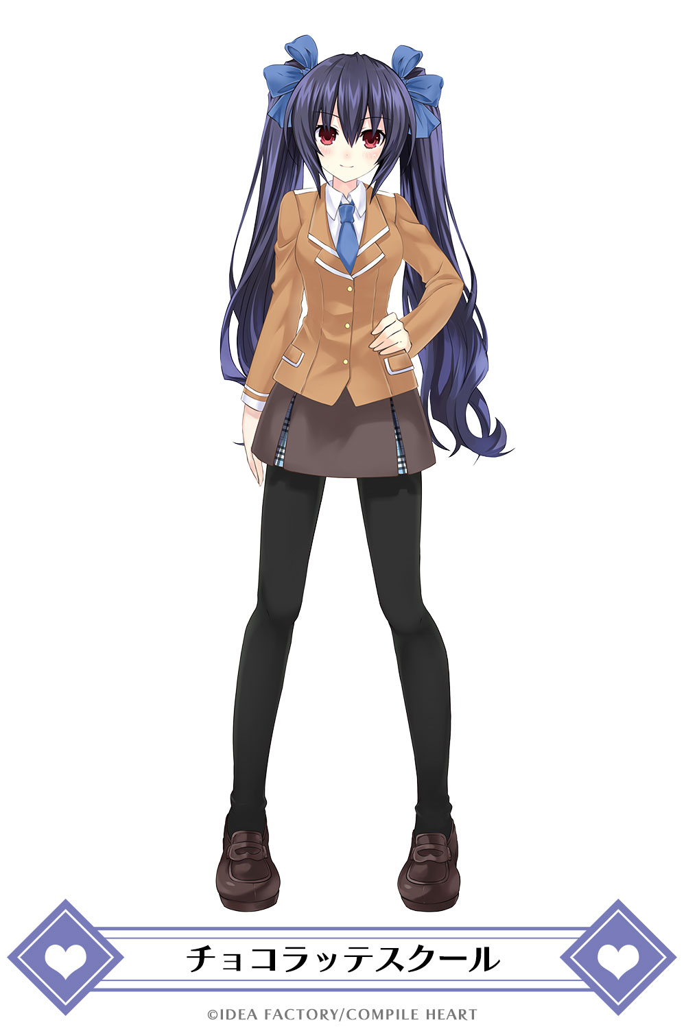 1girl black_hair black_legwear blue_neckwear brown_skirt company_name full_body hair_ribbon hand_on_hip highres jacket looking_at_viewer necktie neptune_(series) noire official_art pantyhose red_eyes ribbon school_uniform shirt shoes simple_background skirt smile solo twintails white_background white_shirt