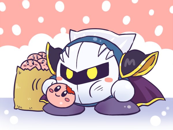 bag blush_stickers cape eating kirby kirby_(series) meta_knight paper_bag pauldrons pink_background pote_(ptkan) purple_cape solo tagme yellow_eyes