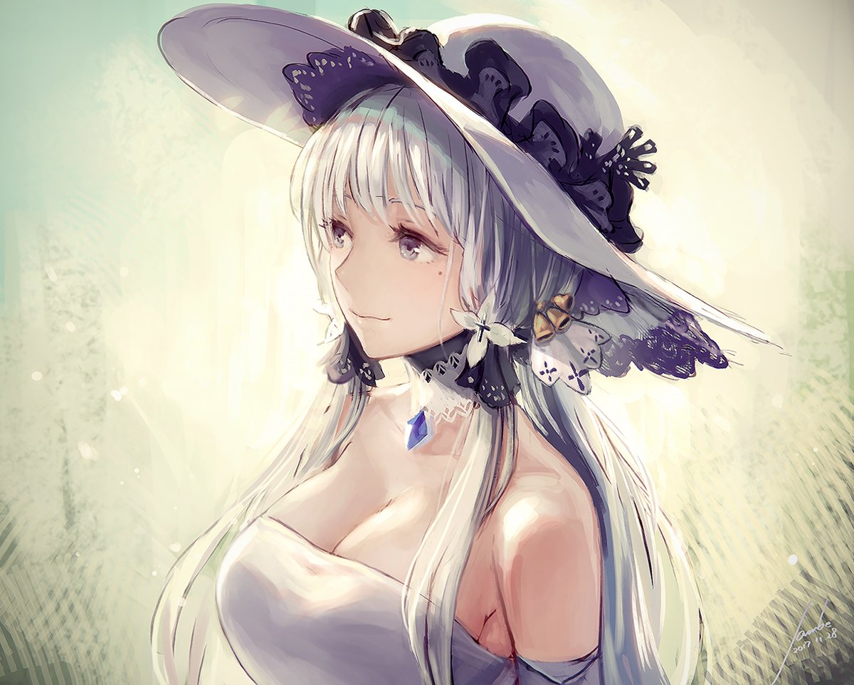 1girl anbe_yoshirou azur_lane bare_shoulders bell blue_eyes breasts cleavage closed_mouth collarbone dated dress gem gradient gradient_background hair_bell hair_ornament hat illustrious_(azur_lane) jewelry large_breasts long_hair looking_afar low-tied_long_hair mole mole_under_eye pendant signature silver_hair smile solo strapless strapless_dress sun_hat tareme tri_tails upper_body white_choker white_dress white_hat