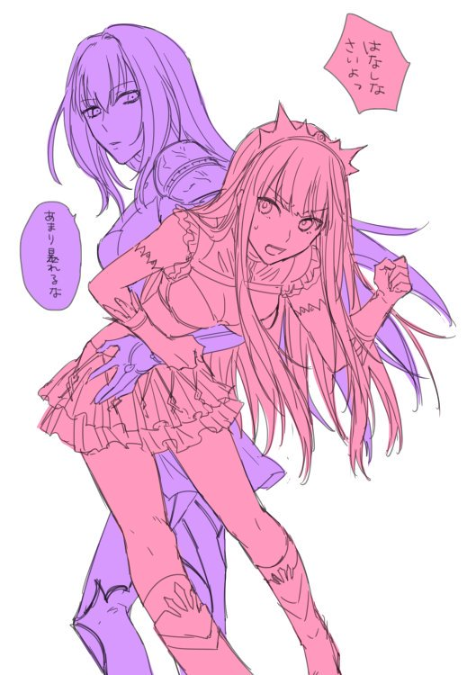 2girls armor bangs blunt_bangs breasts carrying_under_arm cleavage fate/grand_order fate_(series) gloves japanese limited_palette long_hair medb_(fate/grand_order) medium_breasts multiple_girls open_mouth pauldrons scathach_(fate/grand_order) shoulder_armor sweat takamura_yue tiara translated very_long_hair white_background