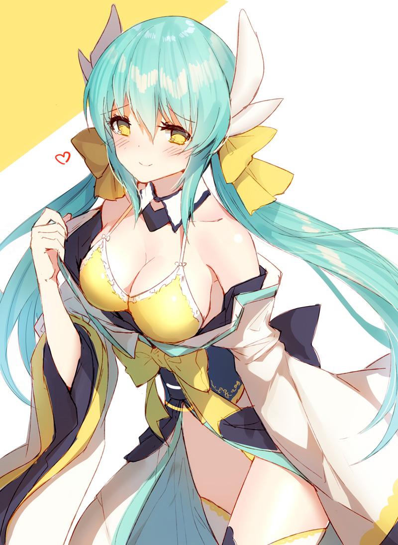 1girl aqua_hair bare_shoulders bikini bison_cangshu blush breasts cleavage fate/grand_order fate_(series) heart horns japanese_clothes kimono kiyohime_(fate/grand_order) kiyohime_(swimsuit_lancer)_(fate) large_breasts long_hair looking_at_viewer smile solo swimsuit white_legwear yellow_bikini yellow_eyes