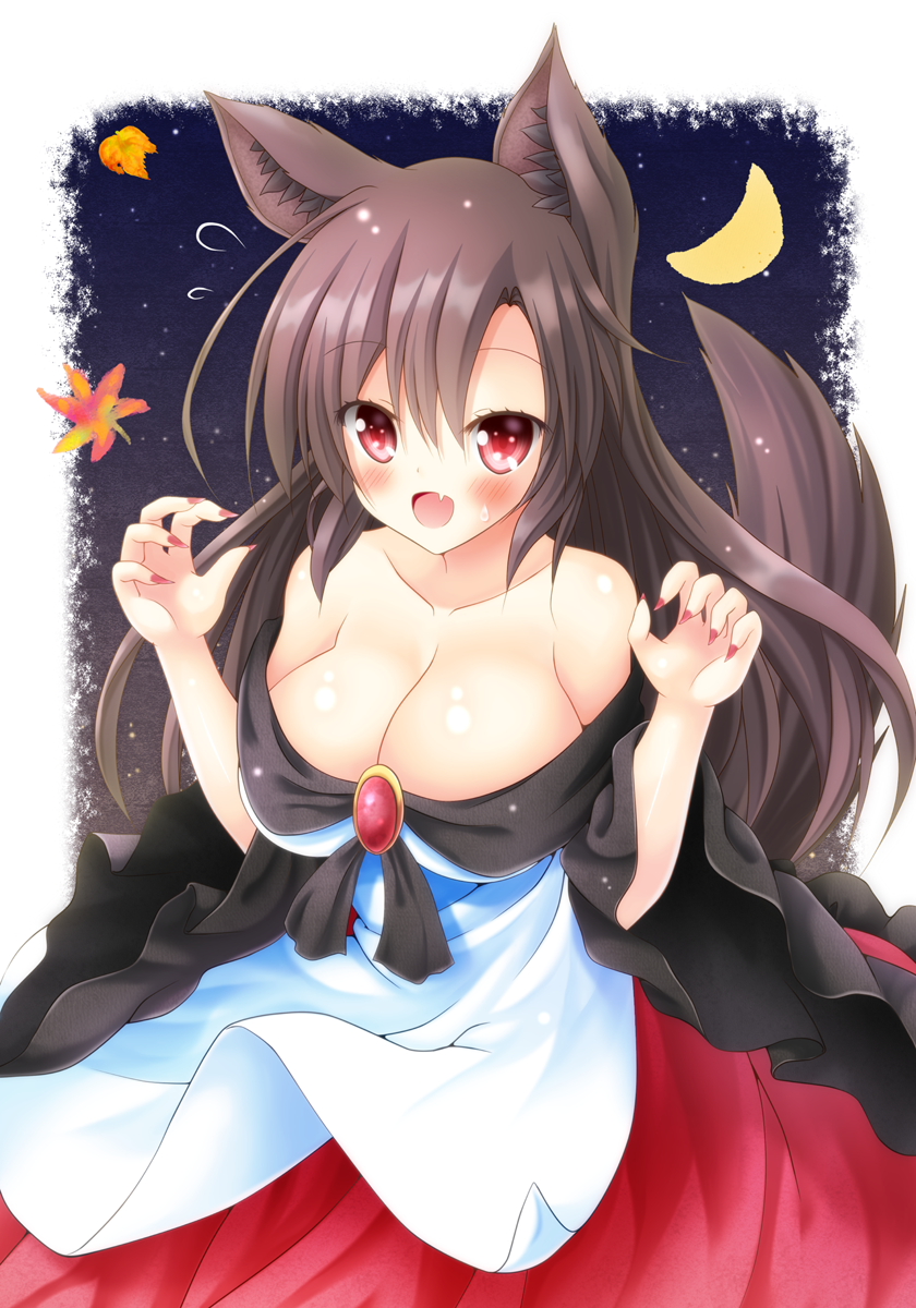 1girl :d animal_ears blush breasts brooch brown_hair claw_pose collarbone commentary crescent_moon dress fang fingernails hair_between_eyes highres imaizumi_kagerou jewelry large_breasts long_dress looking_at_viewer moon open_mouth osashin_(osada) red_eyes red_neckwear sharp_fingernails smile solo sweatdrop tail they_had_lots_of_sex_afterwards touhou wide_sleeves wolf_ears wolf_tail