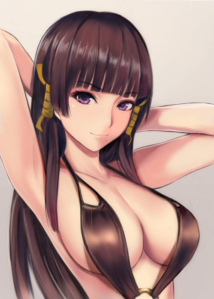 1girl armpits arms_behind_head arms_up bangs bare_arms bare_shoulders black_hair black_swimsuit blunt_bangs breasts casual_one-piece_swimsuit cleavage closed_mouth collarbone dead_or_alive eyebrows_visible_through_hair grey_background hair_ornament hime_cut large_breasts long_hair looking_at_viewer mole mole_under_mouth nannacy7 nyotengu o-ring o-ring_swimsuit one-piece_swimsuit simple_background smile straight_hair swimsuit tsurime upper_body violet_eyes