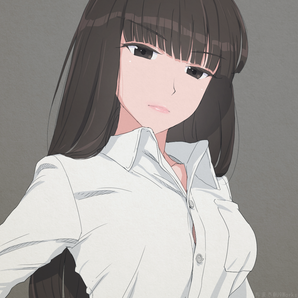 1girl artist_name bangs blunt_bangs brown_eyes brown_hair chimaki_(u9works) dress_shirt eyebrows_visible_through_hair girls_und_panzer grey_background long_hair looking_at_viewer nishizumi_shiho pink_lips shirt solo twitter_username white_shirt