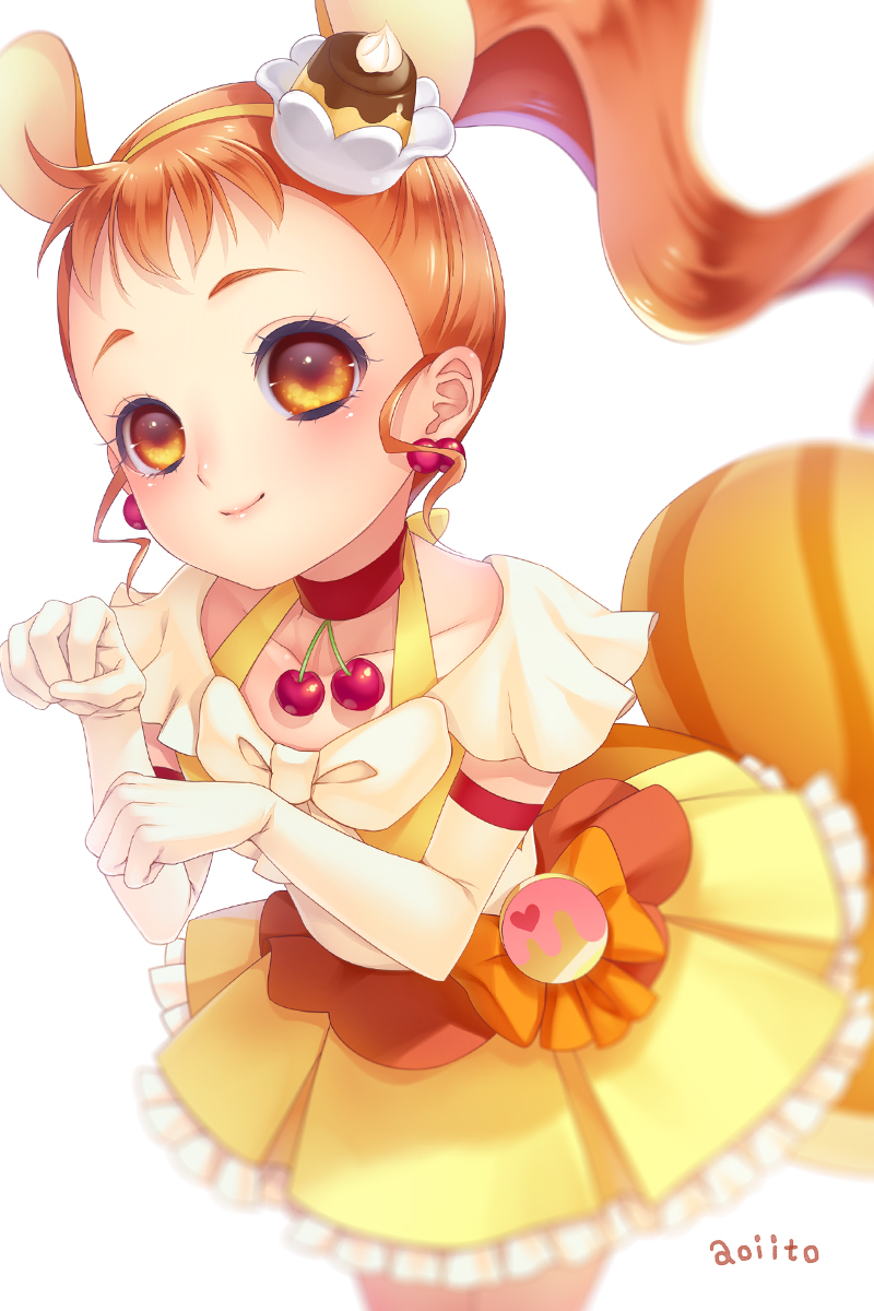 1girl animal_ears aoi_itou arisugawa_himari artist_name brown_eyes brown_hair cake_hair_ornament choker closed_mouth collarbone cowboy_shot cure_custard elbow_gloves food_themed_hair_ornament gloves hair_ornament highres kirakira_precure_a_la_mode looking_at_viewer magical_girl paw_pose ponytail precure red_neckwear short_hair simple_background skirt smile solo squirrel_ears squirrel_tail tail white_background white_gloves yellow_skirt