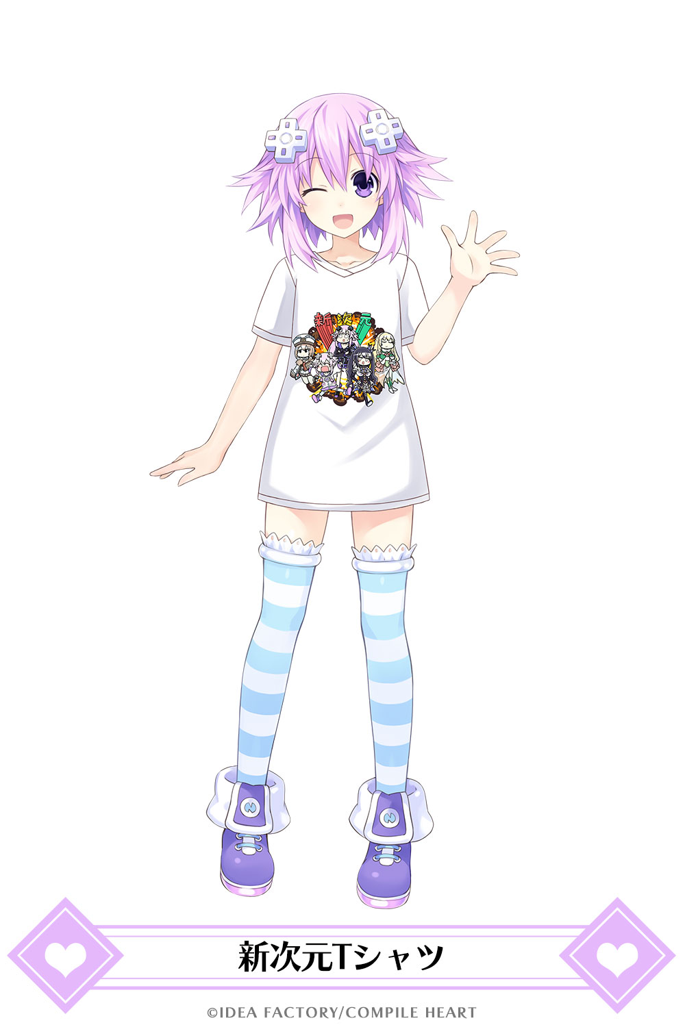 1girl :d adult_neptune blanc bottomless character_print company_name d-pad full_body hair_ornament hairclip highres looking_at_viewer neptune_(choujigen_game_neptune) neptune_(series) noire official_art one_eye_closed open_mouth purple_hair shin_jigen_game_neptune_vii shirt shoes short_hair simple_background smile solo striped striped_legwear t-shirt thigh-highs vert violet_eyes waving white_background