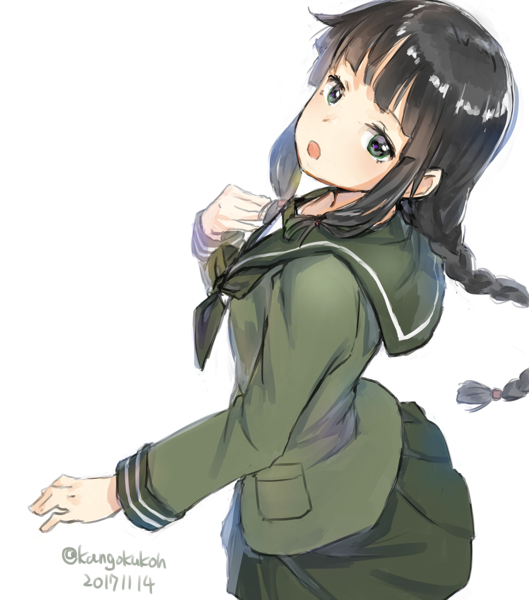 1girl arched_back bangs black_hair blunt_bangs braid dated green_eyes green_neckwear green_sailor_collar green_serafuku green_shirt green_skirt hair_over_shoulder head_tilt kangoku_kou kantai_collection kitakami_(kantai_collection) long_hair looking_at_viewer pleated_skirt school_uniform serafuku shirt sidelocks simple_background single_braid skirt solo twitter_username white_background