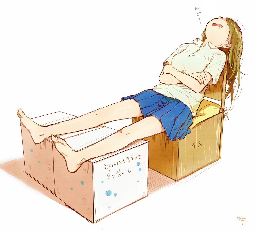 1girl barefoot blue_skirt box brown_hair collared_shirt commentary_request crossed_arms feet full_body hair_over_eyes japanese kawai_makoto onomatopoeia open_mouth original pleated_skirt shiny shiny_hair shirt short_sleeves simple_background skirt sleeping solo translated white_background white_shirt wing_collar