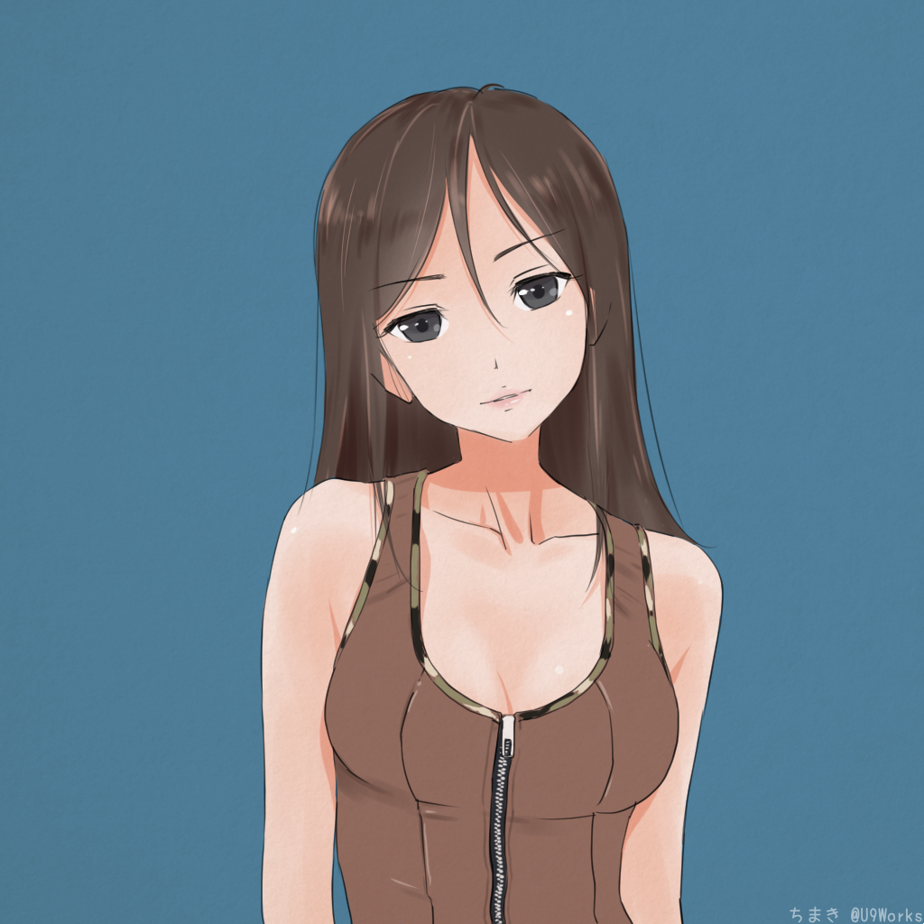 1girl artist_name black_eyes blue_background breasts brown_hair character_request chimaki_(u9works) cleavage copyright_request hair_between_eyes long_hair medium_breasts solo twitter_username upper_body zipper zipper_pull_tab