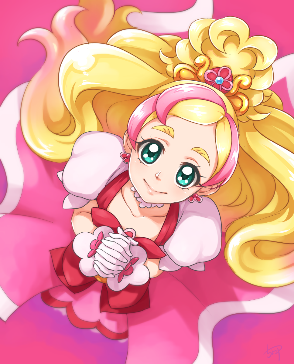 1girl blonde_hair chocokin closed_mouth collarbone cure_flora earrings from_above gloves go!_princess_precure green_eyes hands_clasped haruno_haruka highres jewelry long_hair looking_at_viewer magical_girl multicolored_hair own_hands_together pink_background pink_hair pink_skirt precure puffy_sleeves simple_background skirt smile solo streaked_hair thick_eyebrows two-tone_hair white_gloves