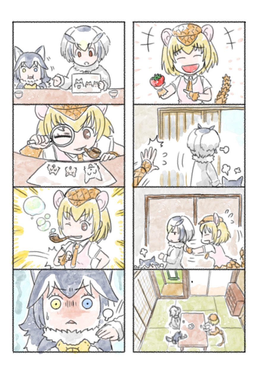 3girls child_drawing comic giant_armadillo_(kemono_friends) grey_wolf_(kemono_friends) heterochromia highres kemono_friends laughing magnifying_glass multiple_girls murakami_rei northern_ocean_hime pipe tomato younger