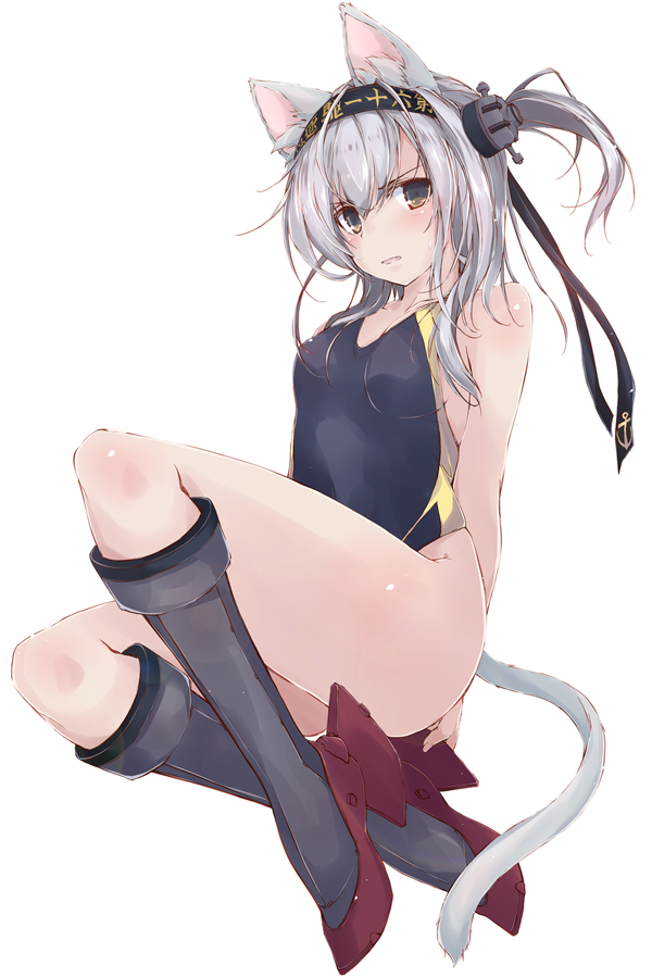 1girl animal_ears black_footwear black_swimsuit boots brown_eyes cat_ears cat_tail competition_swimsuit flat_chest headband kantai_collection long_hair looking_at_viewer one-piece_swimsuit one_side_up silver_hair simple_background solo suzutsuki_(kantai_collection) swimsuit tail white_background yumesato_makura