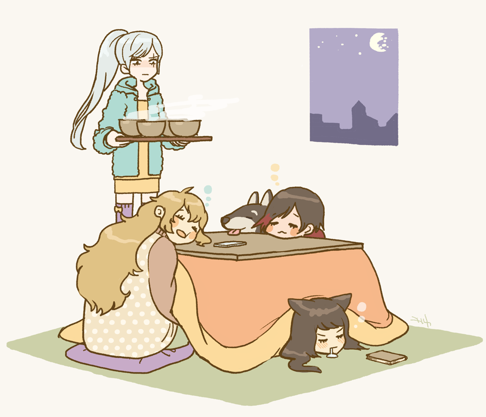 4girls animal_ears blake_belladonna book bowl broken_moon cat_ears drooling kotatsu moon multiple_girls ruby_rose rwby scar scar_across_eye sleeping snoring steam table tray weiss_schnee welsh_corgi window yang_xiao_long zwei_(rwby)