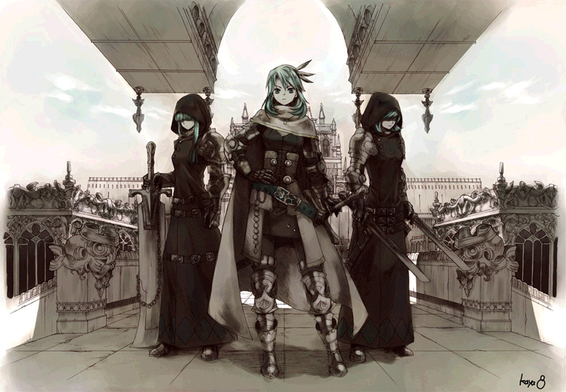 3girls armor artist_name blue_eyes blue_hair closed_mouth dual_wielding eyebrows_visible_through_hair faceless faceless_female frown hand_on_hip holding holding_sword holding_weapon kaya8 knight limited_palette looking_at_viewer multiple_girls outdoors shaded_face short_hair spectral_(series) spectral_force sword weapon