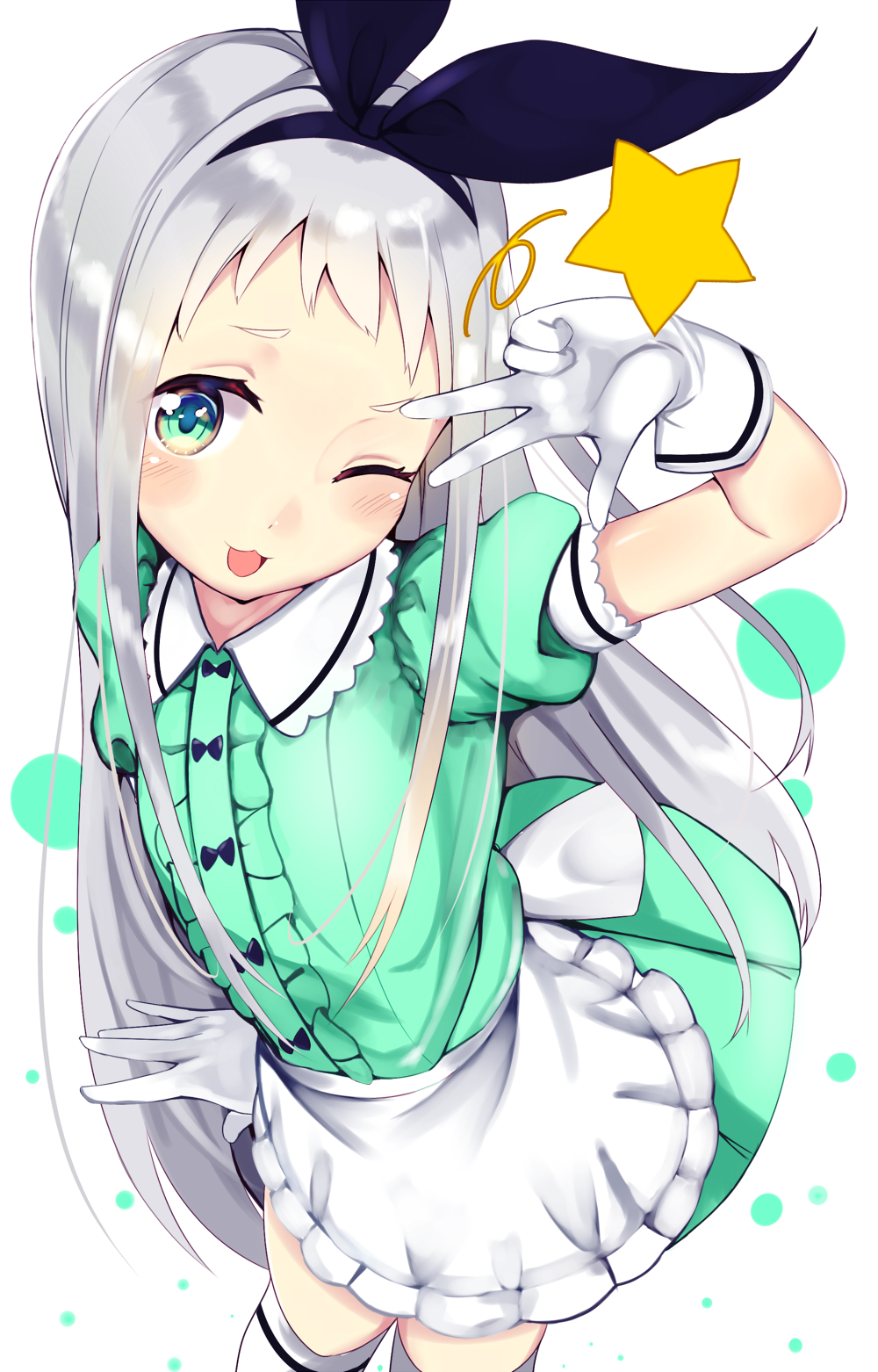 1boy :3 apron black_hairband blend_s blush dress frills gloves green_dress green_eyes hairband highres kanzaki_hideri long_hair looking_at_viewer male_focus one_eye_closed open_mouth puffy_short_sleeves puffy_sleeves short_sleeves silver_hair smile solo star stile_uniform thigh-highs trap v_over_eye very_long_hair w waist_apron wankoo-mikami white_gloves white_legwear