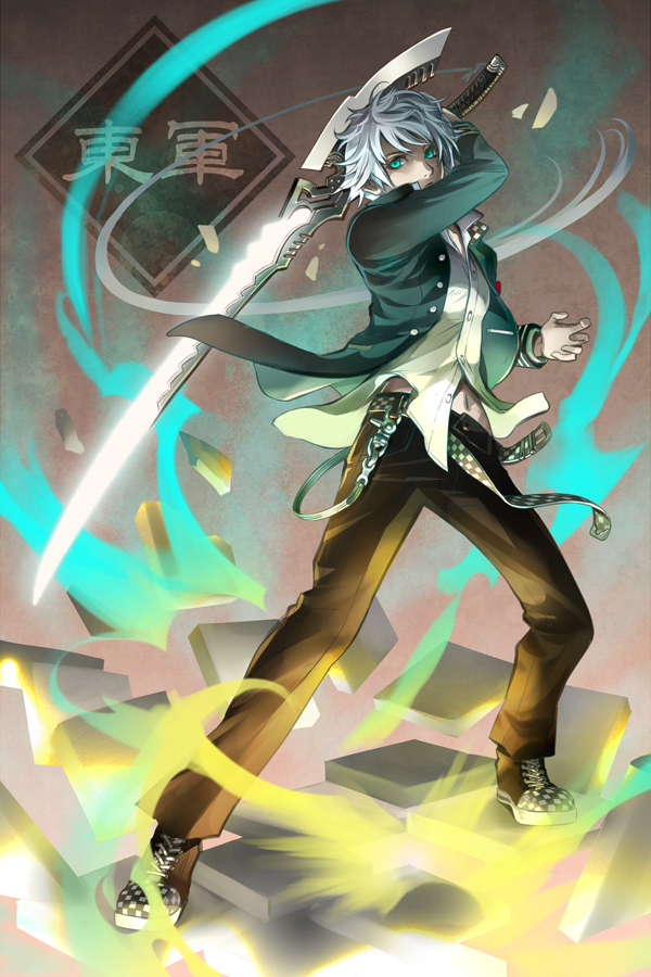 1boy closed_mouth eyebrows green_eyes holding holding_sword holding_weapon konfuzikokon looking_at_viewer shoes short_hair silver_hair sneakers solo sword touran-sai weapon