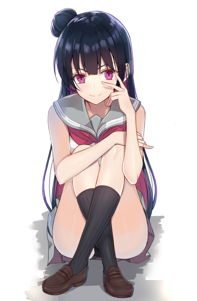 1girl bangs black_hair black_legwear black_panties blue_hair blunt_bangs blush brown_footwear closed_mouth crossed_ankles full_body hair_bun kanikou kneehighs knees_on_chest knees_up loafers long_hair looking_at_viewer love_live! love_live!_sunshine!! multicolored_hair neckerchief panties pantyshot pantyshot_(sitting) red_neckwear school_uniform serafuku shiny shiny_hair shirt shoes side_bun sitting sleeveless sleeveless_shirt smile solo tsushima_yoshiko two-tone_hair underwear upskirt uranohoshi_school_uniform v_over_eye very_long_hair violet_eyes white_shirt