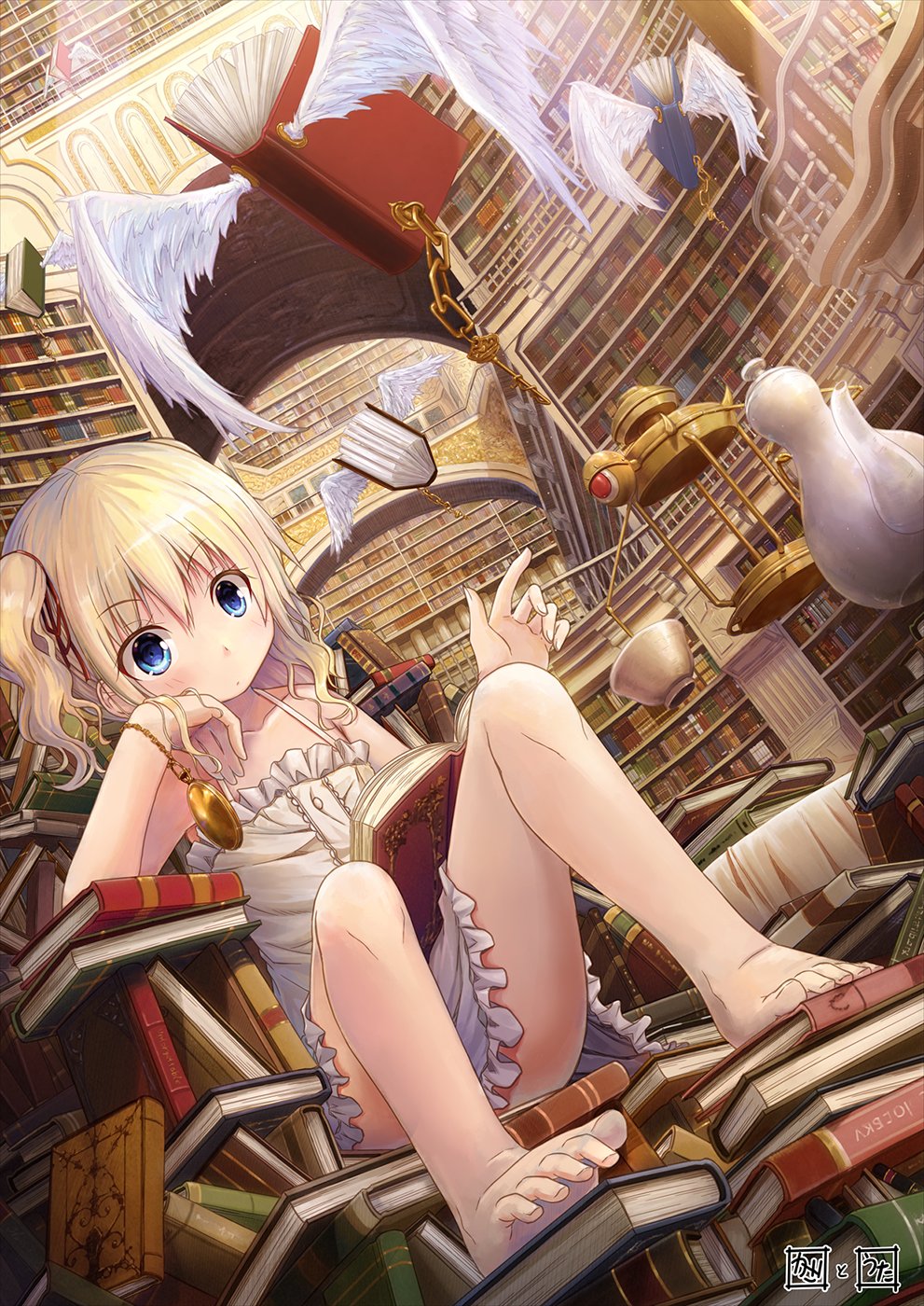 1girl akiyama_uta arm_support bangs bare_arms bare_shoulders barefoot blonde_hair blue_eyes blush book bookshelf chains child collaboration collarbone commentary_request cup dress dutch_angle elbow_rest expressionless eyebrows_visible_through_hair fantasy feathered_wings feet female fingernails frilled_dress frills hair_between_eyes hair_ribbon head_tilt highres kago_no_tori key library long_hair magic open_book original pile_of_books pocket pocket_watch railing reading red_ribbon ribbon side_ponytail sitting sleeveless solo teacup teapot tied_hair toenails toes too_many too_many_books v-shaped_eyebrows wavy_hair white_dress white_wings wings