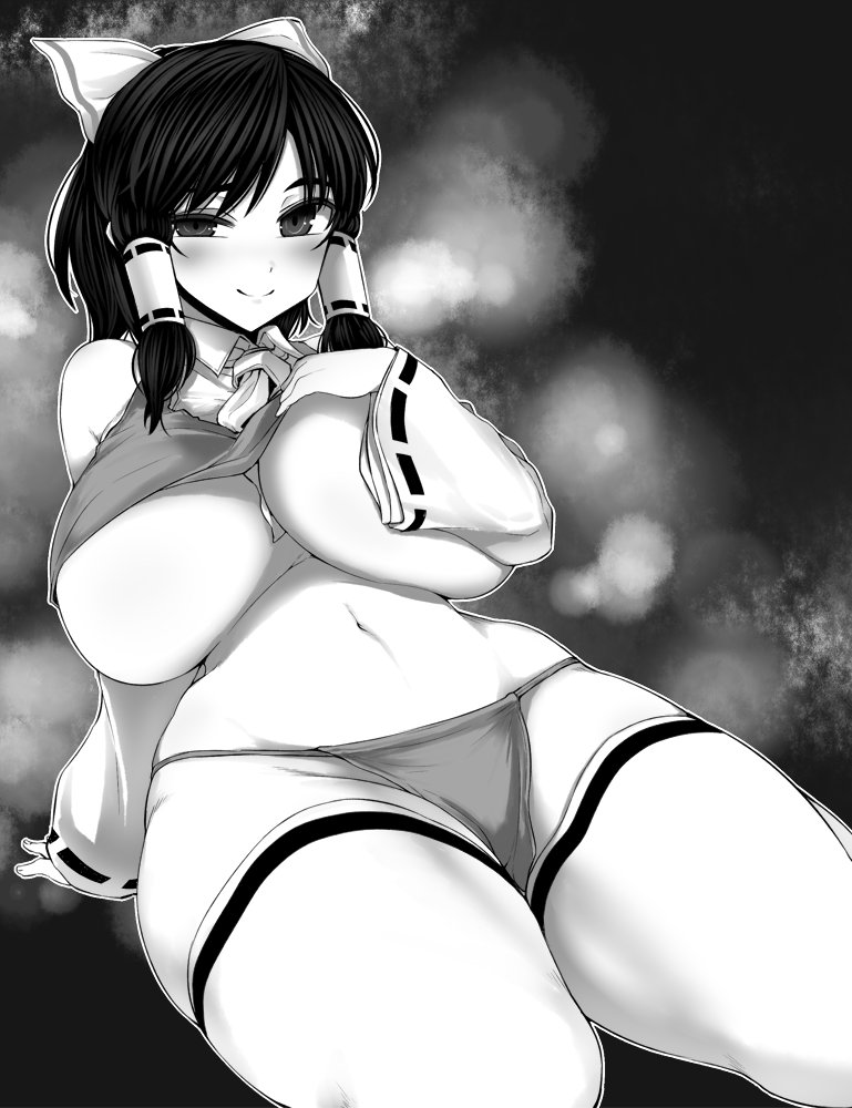 1girl ascot blush bow breasts curvy detached_sleeves fundoshi ginku_mh greyscale hair_bow hair_tubes hakurei_reimu hand_on_own_chest huge_breasts japanese_clothes looking_at_viewer monochrome navel raised_eyebrow shirt_lift short_hair sitting smile solo thick_eyebrows thick_thighs thigh-highs thighs touhou wide_hips
