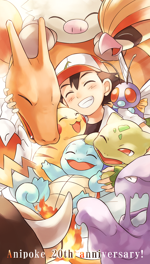 1boy baseball_cap black_hair black_shirt blush bulbasaur butterfree charizard closed_eyes commentary_request gloves green_gloves hat kingler muk partly_fingerless_gloves pidgeot pikachu pokemon pokemon_(anime) primeape satoshi_(pokemon) shirt short_hair squirtle tauros usao_(313131)