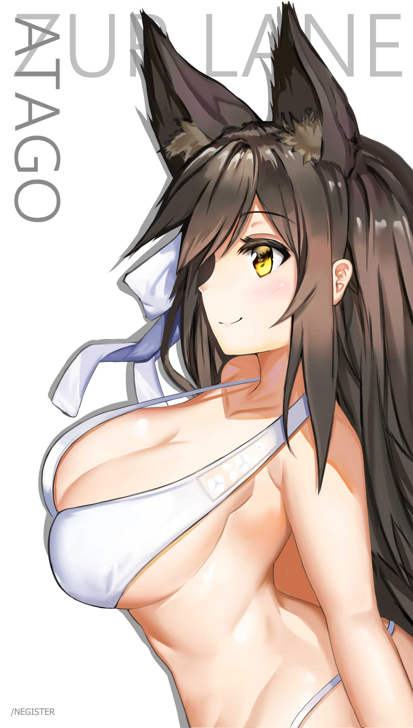 1girl absurdres animal_ears atago_(azur_lane) azur_lane bikini black_hair blush breasts cleavage closed_mouth halter_top halterneck highres large_breasts long_hair negister profile sideboob smile swimsuit upper_body white_bikini yellow_eyes