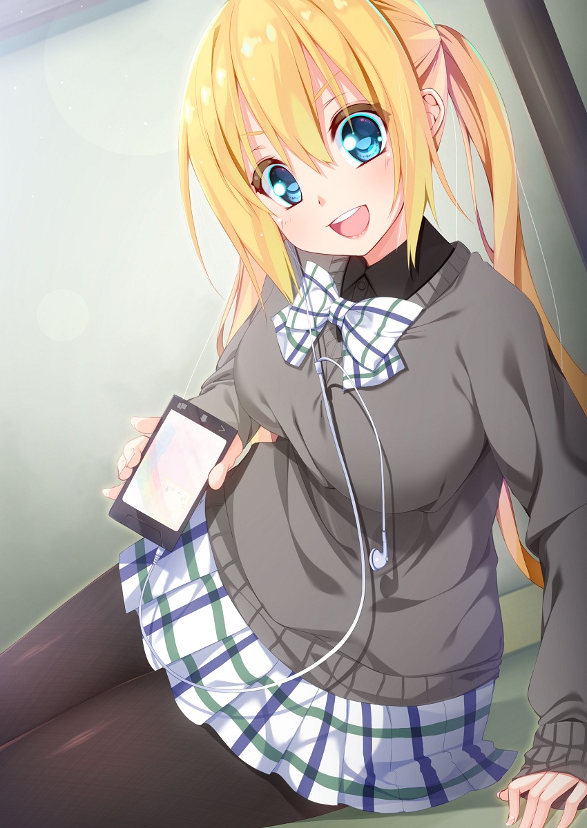 1girl :d arm_support backlighting black_legwear black_shirt blend_s blonde_hair blue_eyes blush breasts cellphone chikuwabuta collared_shirt dress_shirt dutch_angle earphones earphones eyebrows_visible_through_hair grey_sweater hair_between_eyes highres hinata_kaho holding holding_phone large_breasts lens_flare long_hair looking_at_viewer lying on_floor on_side open_mouth pantyhose phone plaid plaid_skirt pleated_skirt school_uniform shirt skirt sleeves_past_wrists smartphone smile solo twintails v-shaped_eyebrows very_long_hair wing_collar
