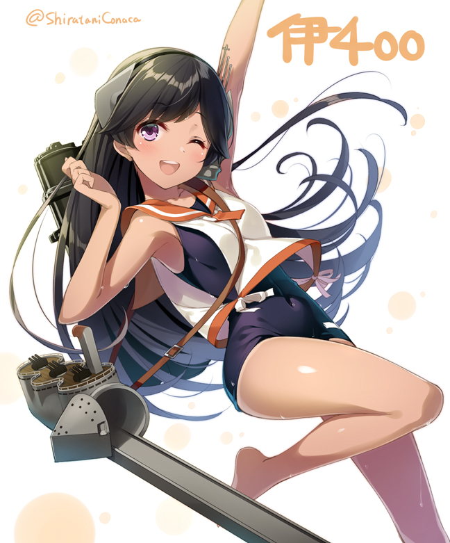 1girl ;d armpits arms_up bangs bare_arms bare_legs bare_shoulders barefoot black_hair black_hairband blush brown_hair character_name covered_navel dutch_angle eyebrows_visible_through_hair hairband huyukaaki i-400_(kantai_collection) kantai_collection leg_up long_hair looking_at_viewer machinery one-piece_swimsuit one_eye_closed open_mouth over_shoulder rigging sailor_collar school_swimsuit shiny shiny_hair shirt sketch skin_tight sleeveless smile solo standing standing_on_one_leg sweat swept_bangs swimsuit swimsuit_under_clothes tan tanline tareme thighs turret twitter_username very_long_hair violet_eyes white_background white_shirt