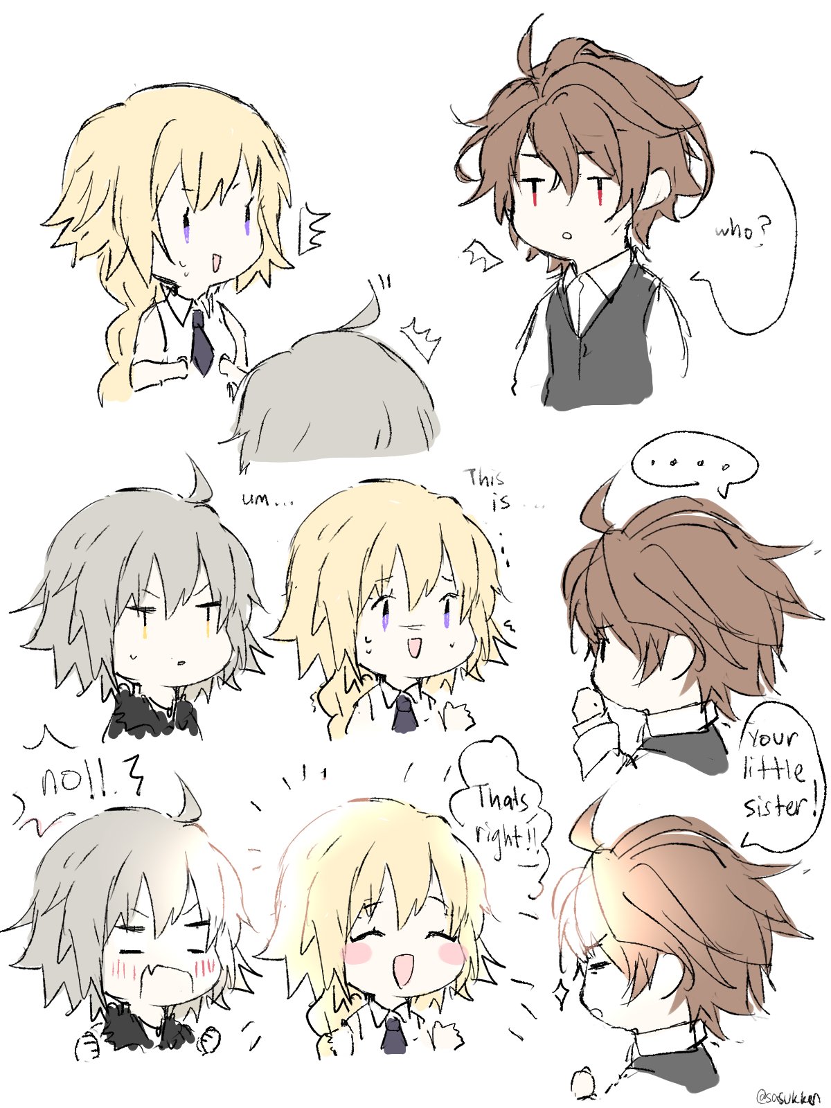 ... 1boy 2girls :d ahoge bangs bare_shoulders black_capelet black_neckwear blank_eyes blonde_hair blush blush_stickers braid brown_hair capelet colored comic commentary english eyebrows_visible_through_hair fate/apocrypha fate/grand_order fate_(series) from_side hand_on_own_chin highres hime_(sasukken) jeanne_d'arc_(alter)_(fate) jeanne_d'arc_(fate) jeanne_d'arc_(fate)_(all) long_braid long_sleeves looking_at_another multiple_girls necktie open_mouth red_eyes shirt short_hair sieg_(fate/apocrypha) silver_hair single_braid sleeveless sleeveless_shirt smile speech_bubble sweat thinking thumbs_up violet_eyes waistcoat white_shirt yellow_eyes