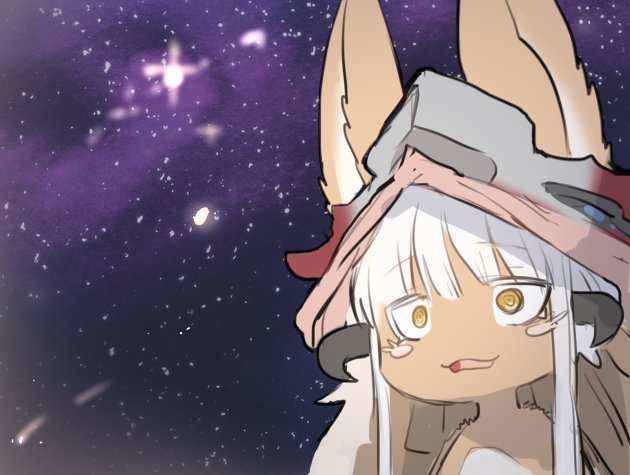 1girl :3 animal_ears ears_through_headwear eyebrows_visible_through_hair furry hat horns made_in_abyss nanachi_(made_in_abyss) parted_lips sky solo space star_(sky) starry_sky suurin_(ksyaro) topless upper_body whiskers white_hair wide-eyed yellow_eyes