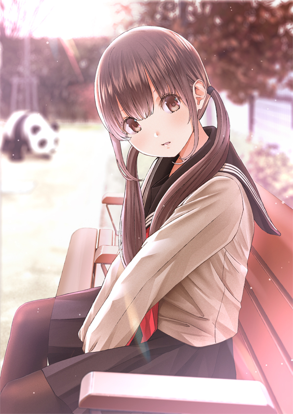 1girl bench between_legs black_legwear blurry blush brown_eyes brown_hair chikuwa_(odennabe) commentary confession depth_of_field hand_between_legs head_tilt lens_flare light_particles long_hair looking_at_viewer looking_to_the_side open_mouth original panda pantyhose park pleated_skirt school_uniform serafuku skirt sunlight tree twintails