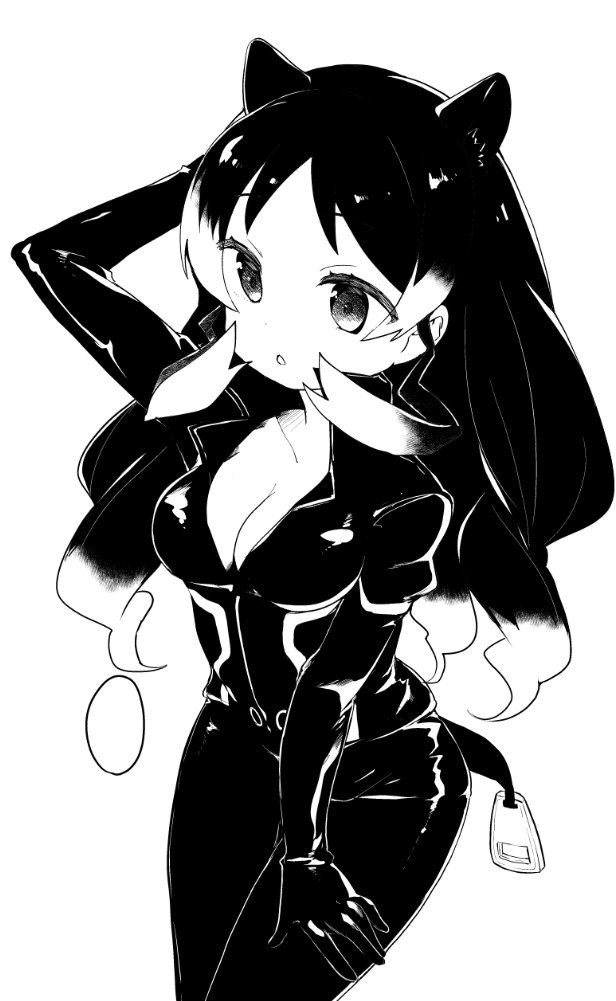1girl animal_ears bangs bodysuit breasts cleavage cowboy_shot greyscale hand_up hippopotamus_(kemono_friends) hippopotamus_ears hippopotamus_tail kedama_milk kemono_friends leaning_forward long_hair medium_breasts monochrome parted_lips solo tail