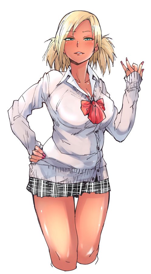 1girl artist_request blonde_hair character_request commentary_request green_eyes gyaru jewelry nail_polish pleated_skirt ring school_uniform skirt solo