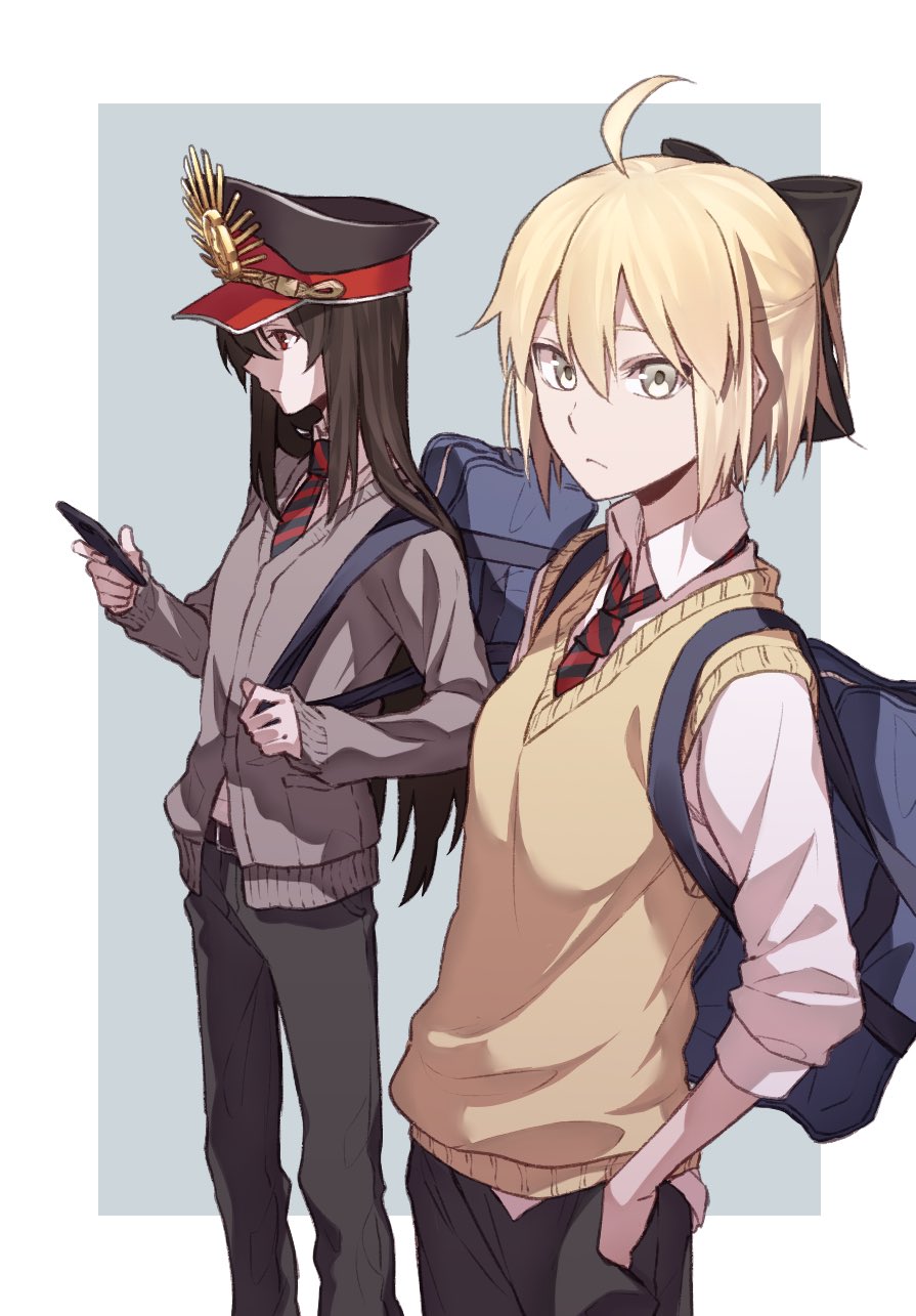 ahoge bag belt black_hair blonde_hair cellphone demon_archer fate_(series) hair_ornament hand_in_pocket hat highres kofunami_nana necktie phone sakura_saber school_bag school_uniform smartphone