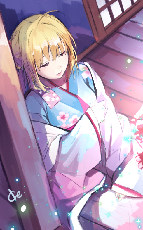 1girl ahoge alternate_costume artoria_pendragon_(all) bangs blonde_hair closed_mouth fate/stay_night fate_(series) floral_print ice_(ice_aptx) japanese_clothes kimono long_sleeves saber sleeping solo wide_sleeves