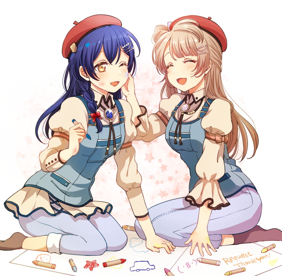 2girls barrette blue_hair braid brown_hair closed_eyes crayon drawing hair_ornament hairclip hand_on_another's_face happy hat heru_(totoben) long_hair looking_at_another love_live! love_live!_school_idol_festival love_live!_school_idol_project minami_kotori multiple_girls one_eye_closed open_mouth paper sitting smile sonoda_umi yellow_eyes