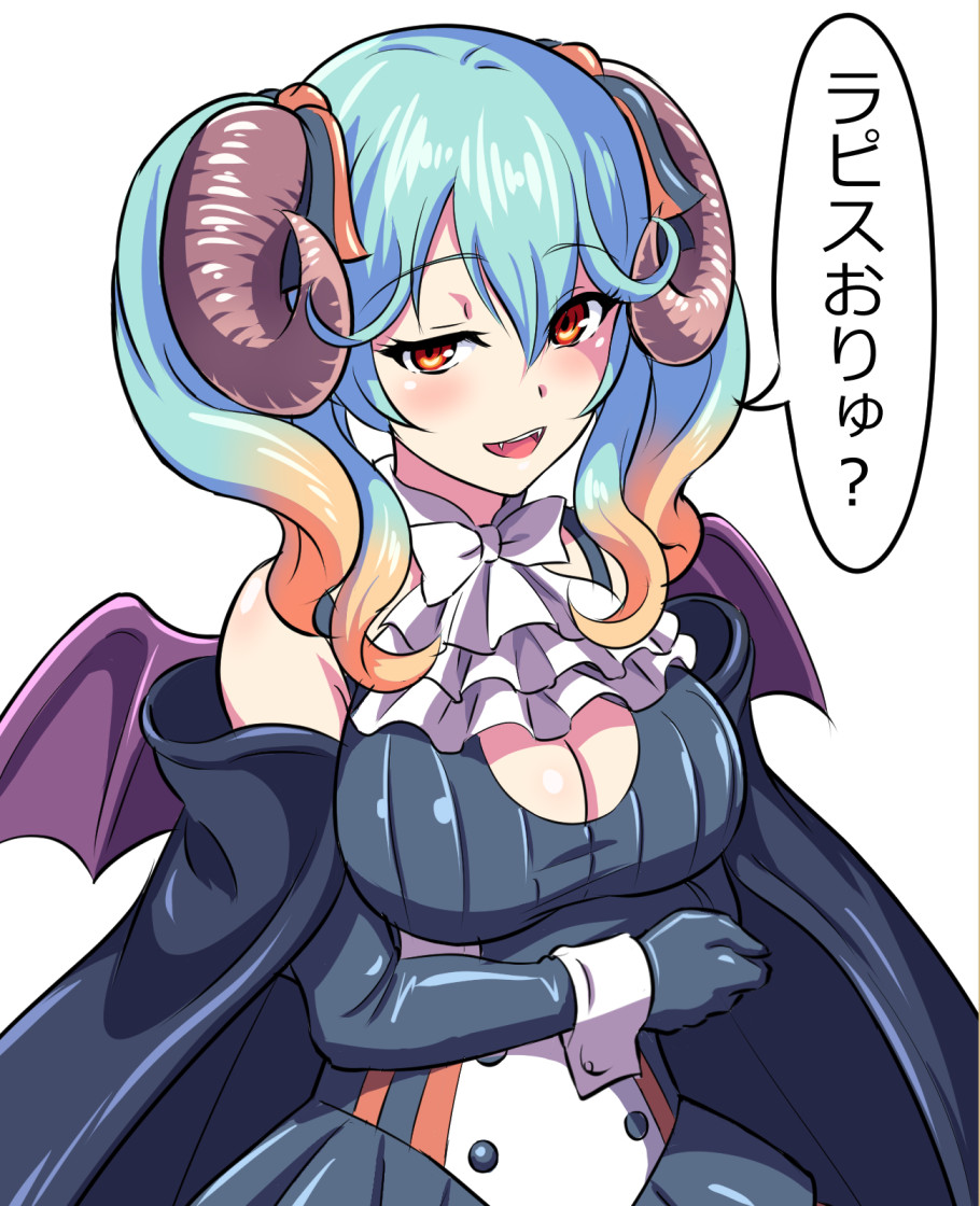 1girl bare_shoulders blue_hair breasts cape cleavage_cutout cravat demon_horns dress elbow_gloves fangs gloves gradient_hair hair_between_eyes hair_ribbon horns kanabuso lapis_(sennen_sensou_aigis) large_breasts long_hair looking_at_viewer multicolored_hair open_mouth orange_hair red_eyes ribbon sennen_sensou_aigis short_dress smile smug solo speech_bubble twintails white_background wrist_cuffs