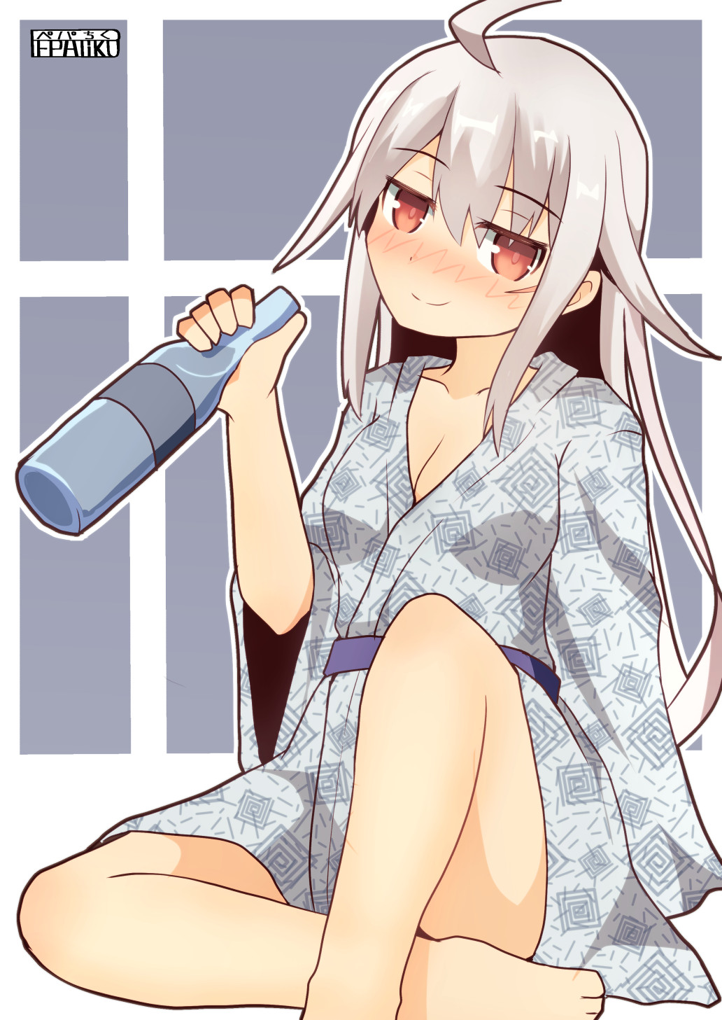 1girl alcohol belt blush breasts drink gangut_(kantai_collection) grey_hair hair_between_eyes highres japanese_clothes kantai_collection kimono long_hair looking_at_viewer medium_breasts no_bra pepatiku red remodel_(kantai_collection) scar scar_on_cheek smile solo underwear vodka