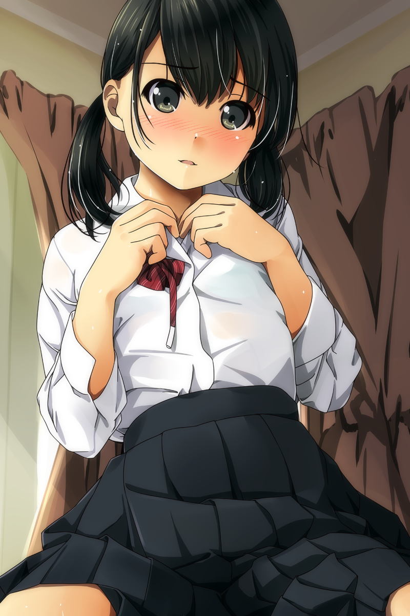 1girl black_eyes black_hair blush eyebrows_visible_through_hair highres looking_at_viewer low_twintails matsunaga_kouyou original parted_lips pleated_skirt school_uniform shirt skirt solo twintails undressing white_shirt