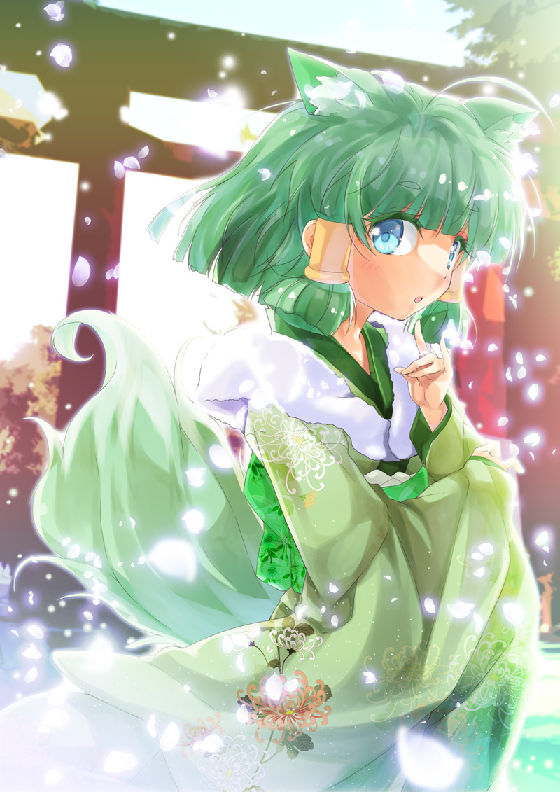 1girl :o animal_ears blue_eyes blush cafe-chan_to_break_time dog_ears dog_girl dog_tail floral_print fox_shadow_puppet fur_collar green_eyes green_kimono japanese_clothes kemonomimi_mode kimono long_sleeves looking_at_viewer midori_(cafe-chan_to_break_time) outdoors parted_lips porurin print_kimono short_hair sidelocks snowing solo tail torii wide_sleeves