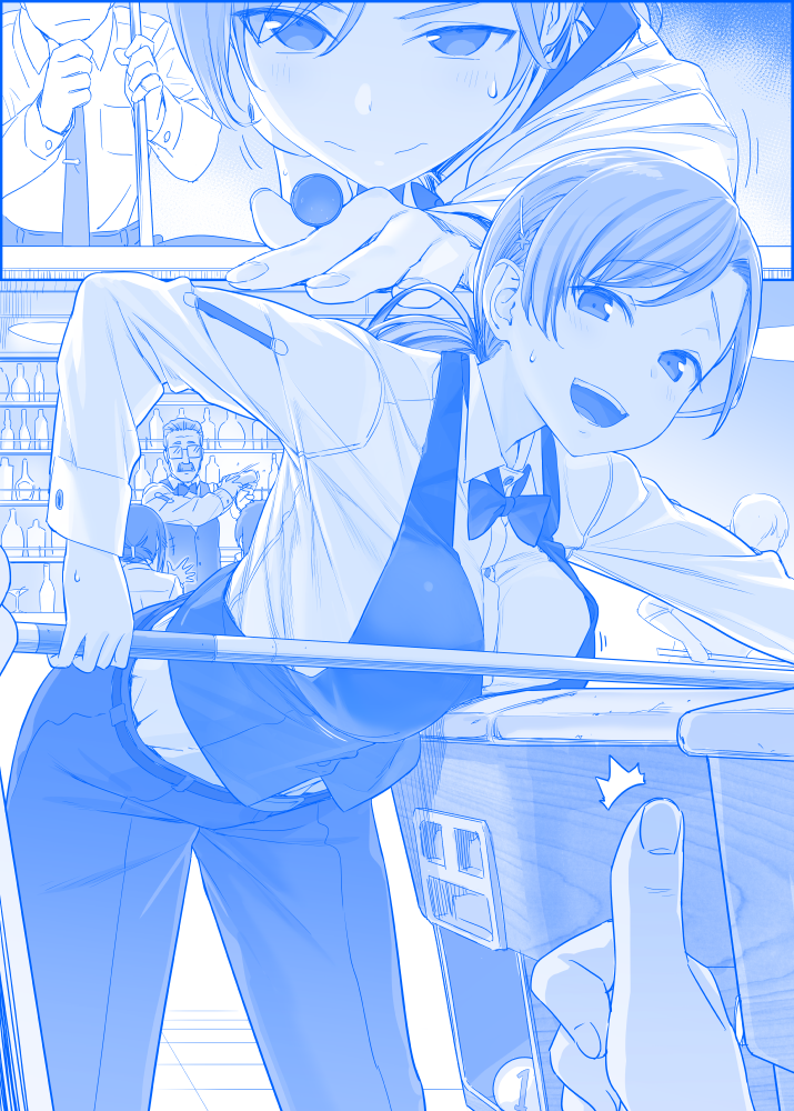 2girls 3boys :d bangs bartender blue bow bowtie breast_rest breasts closed_mouth commentary_request cue_stick eyebrows_visible_through_hair facial_hair getsuyoubi_no_tawawa glasses hair_ornament hairclip himura_kiseki indoors large_breasts long_sleeves looking_at_viewer low_ponytail monochrome multiple_boys multiple_girls mustache necktie open_mouth pov smile sweatdrop swept_bangs thumbs_up vest