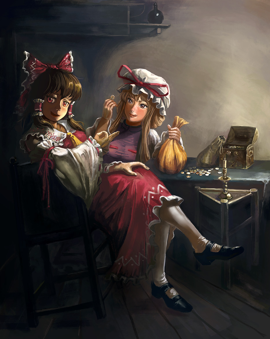 2girls alternate_hairstyle amibazh arm_ribbon ascot bag black_footwear blonde_hair blush bow brown_hair candle candlestand chair commentary detached_sleeves dress frilled_shirt_collar frills gold hair_bow hair_tubes hair_up hakurei_reimu half-closed_eyes hand_gesture hat hat_ribbon holding_coin indoors leaning_back legs_crossed looking_at_viewer mob_cap multiple_girls red_eyes red_shirt red_skirt ribbon ribbon-trimmed_sleeves ribbon_trim shiny shiny_hair shirt sidelocks sitting skirt sleeveless sleeveless_shirt smile smug tabard table tongue tongue_out touhou treasure_chest violet_eyes white_dress white_legwear wide_sleeves yakumo_yukari
