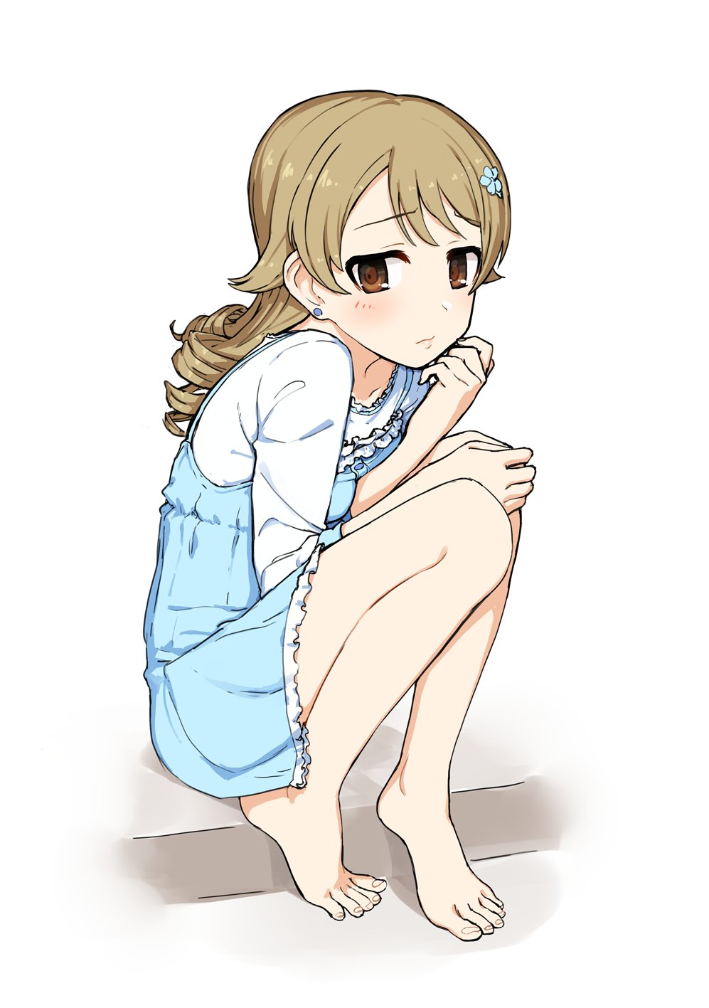 1girl bangs barefoot blue_dress blush brown_eyes dress drill_hair earrings feet hand_on_own_chin highres idolmaster idolmaster_cinderella_girls jewelry knees_up legs light_brown_hair morikubo_nono omaru_gyuunyuu shirt simple_background sitting solo toes white_background white_shirt