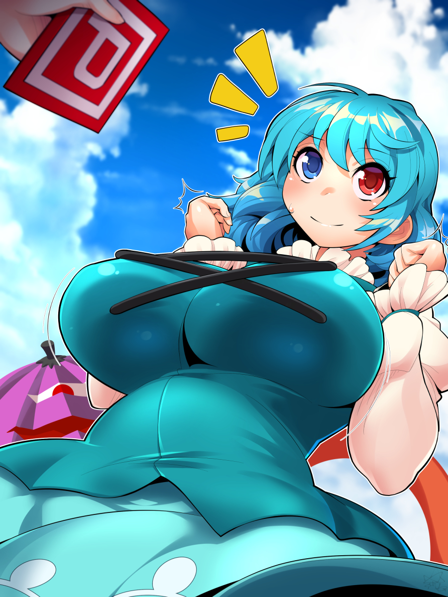 1girl aqua_dress aqua_hair blue_eyes blue_sky breast_squeeze breasts clouds cloudy_sky curvy dress heterochromia highres huge_breasts karakasa_obake long_sleeves offering outdoors red_eyes short_hair sky smile solo_focus tatara_kogasa touhou umbrella umigarasu_(kitsune1963)