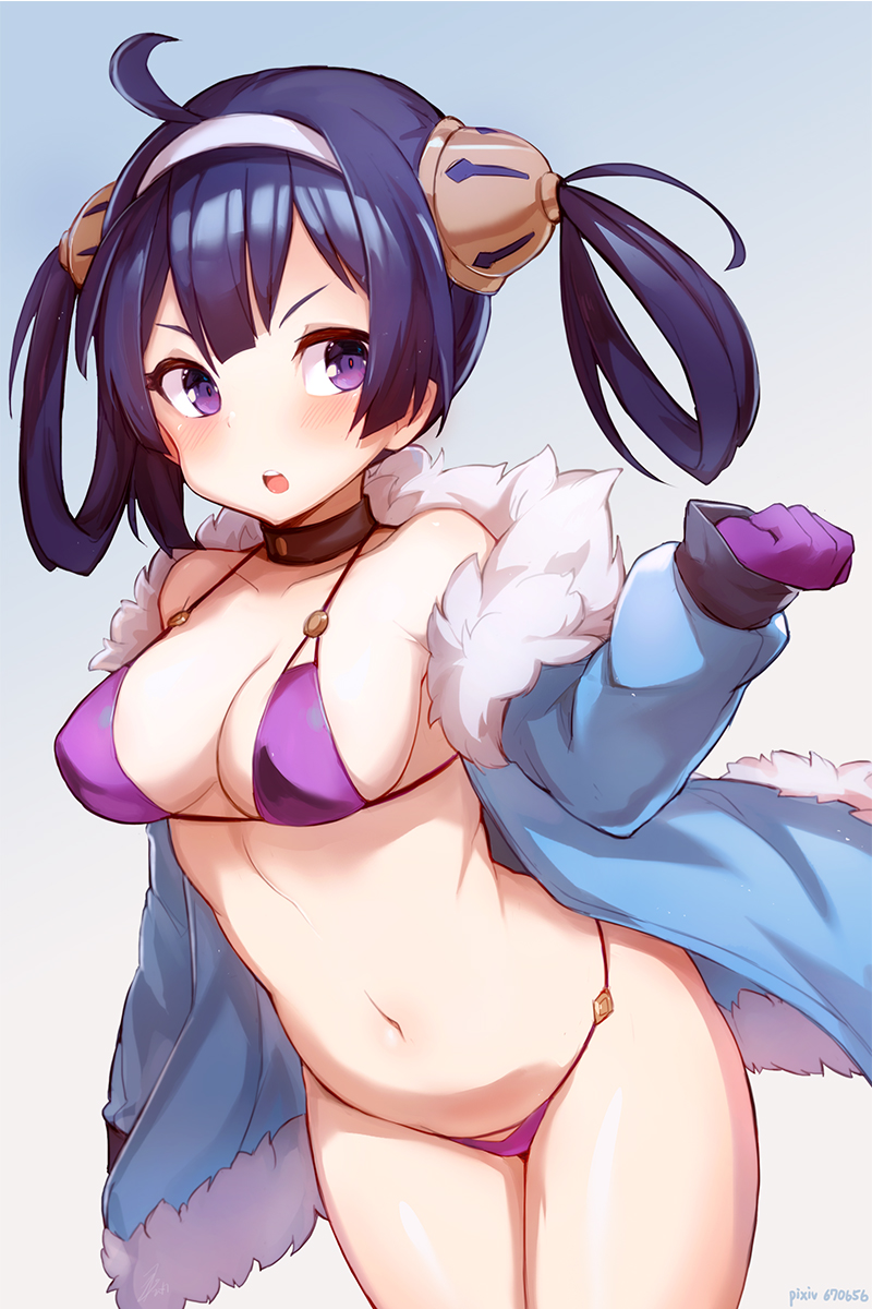 1girl ahoge azur_lane bangs bikini blue_coat blue_hair coat collarbone cowboy_shot fur_trim gloves gradient gradient_background hair_rings hairband highres hips mou_tama_maru navel ning_hai_(azur_lane) open_clothes open_coat open_mouth purple_bikini purple_gloves sidelocks solo swimsuit teeth thighs tsurime twintails violet_eyes