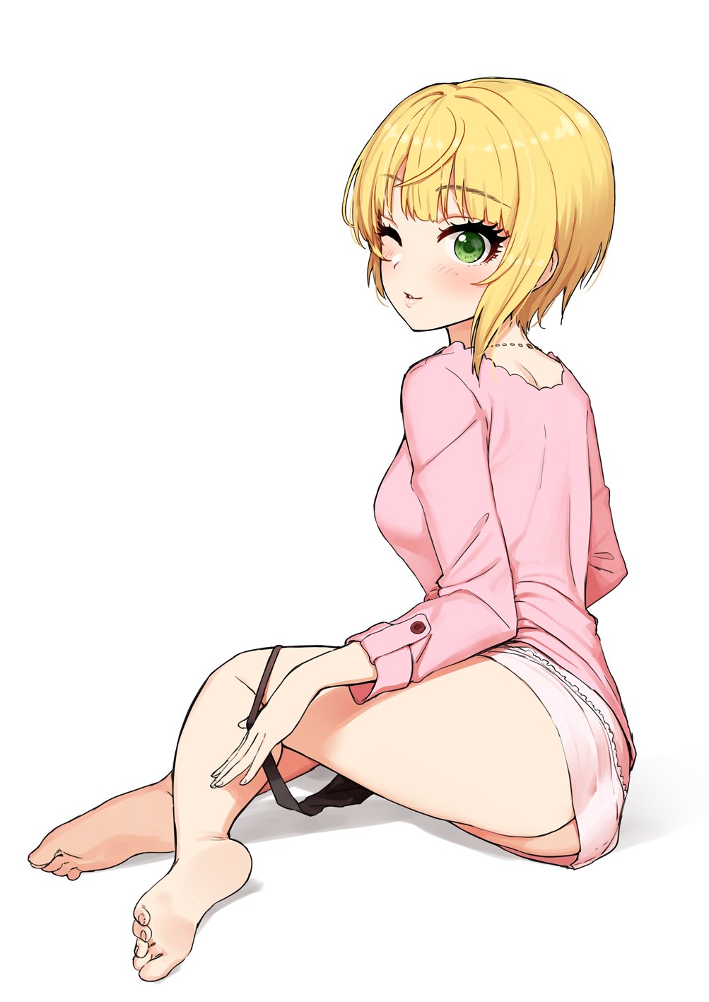 1girl ass asymmetrical_hair bangs barefoot black_panties blonde_hair blush breasts eyebrows_visible_through_hair eyelashes feet green_eyes highres hips idolmaster idolmaster_cinderella_girls jewelry legs looking_to_the_side medium_breasts miyamoto_frederica necklace omaru_gyuunyuu panties panty_pull parted_lips pink_shirt pink_skirt shirt short_hair simple_background sitting skirt skirt_pull smile soles solo thighs toes underwear white_background