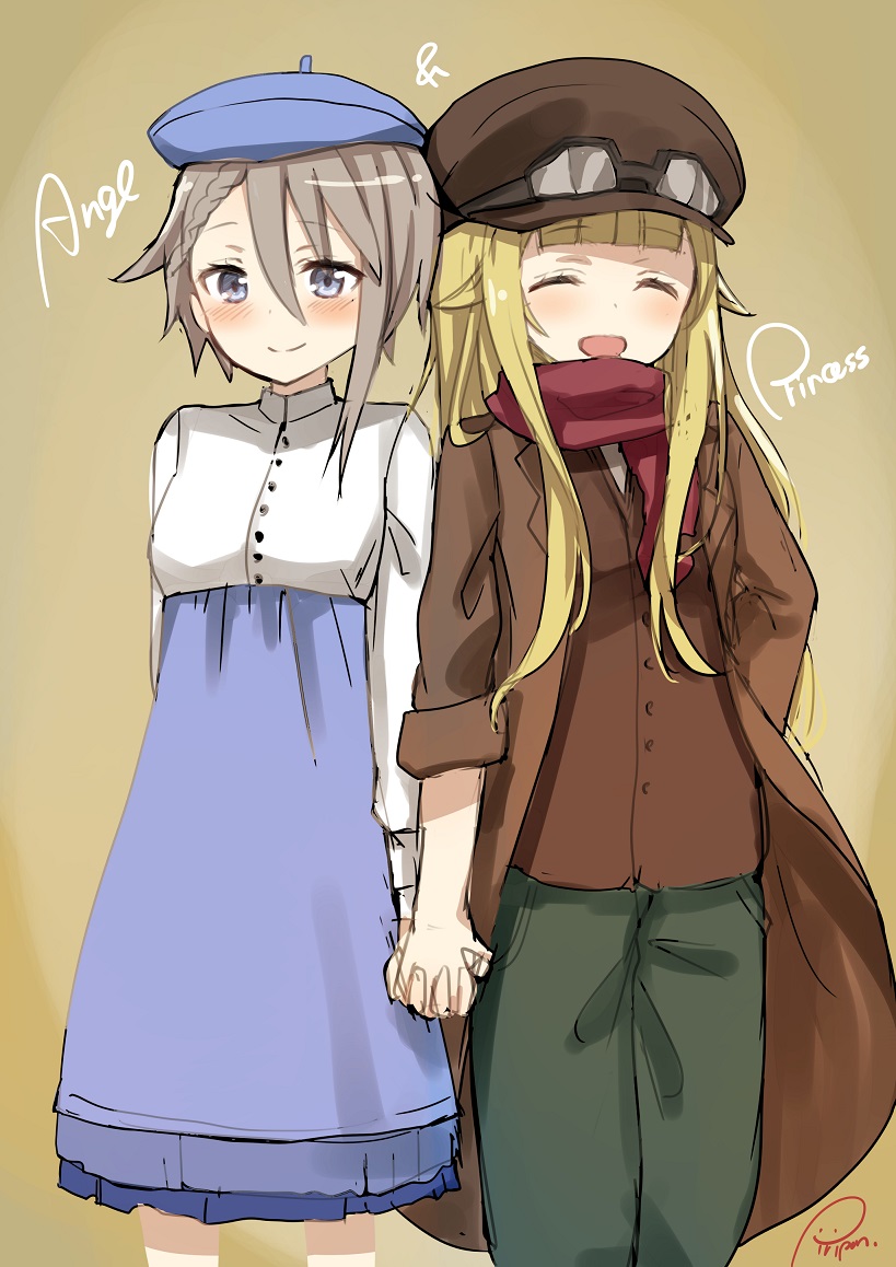 2girls ange_(princess_principal) blonde_hair blue_eyes blush braid character_name grey_hair hand_holding hat long_hair multiple_girls piripun princess_(princess_principal) princess_principal short_hair sketch smile