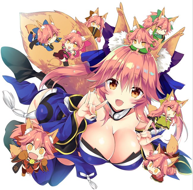 6+girls alternate_costume alternate_hairstyle animal_ears bell bell_collar blue_legwear blush breasts cat_paws cleavage collar collarbone fangs fate/extra fate/extra_ccc fate/grand_order fate_(series) fox_ears fox_shadow_puppet fox_tail gloves hair_ribbon jingle_bell large_breasts multiple_girls paw_gloves paw_shoes paws pink_hair ribbon sasorigatame shoes tail tamamo_(fate)_(all) tamamo_cat_(fate) tamamo_no_mae_(fate) yellow_eyes