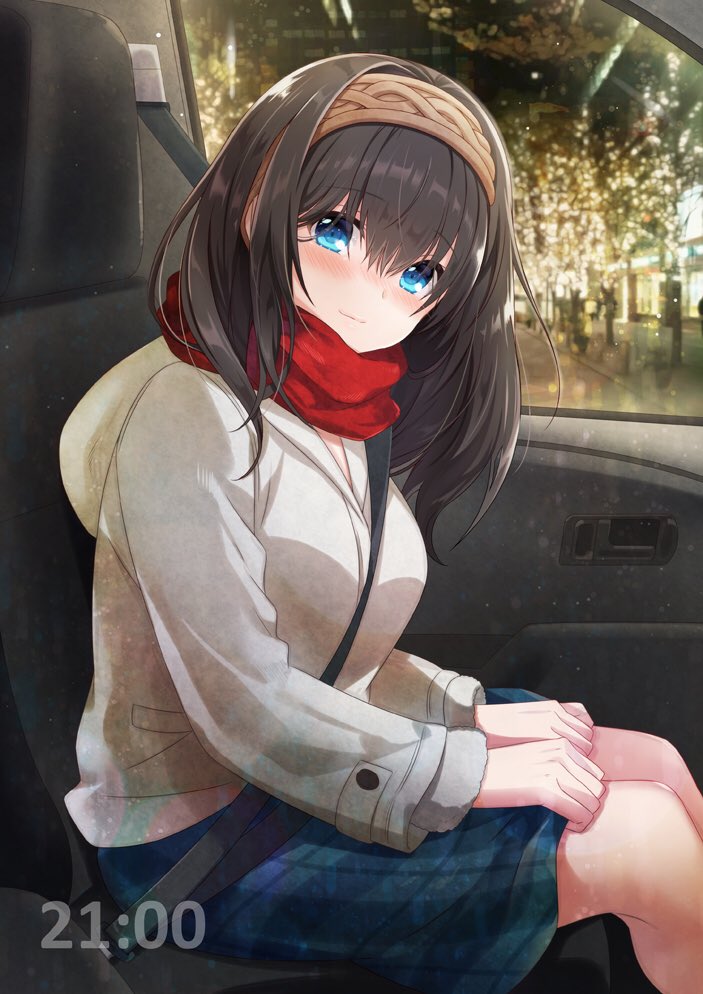 1girl azuki_yui black_hair blue_eyes blush breasts car_interior commentary_request hairband idolmaster idolmaster_cinderella_girls large_breasts long_hair looking_at_viewer sagisawa_fumika scarf seatbelt sitting smile solo timestamp