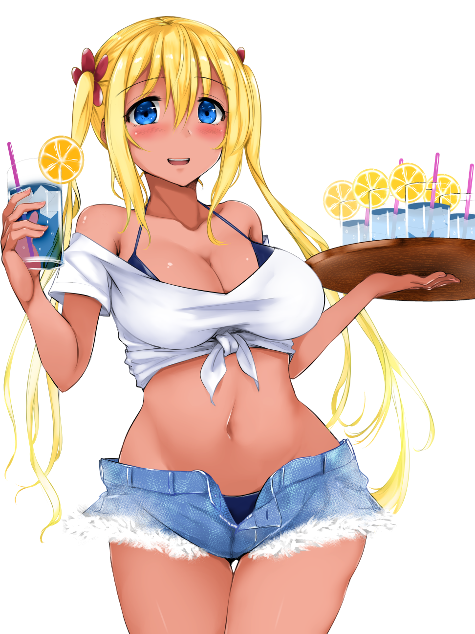 1girl bare_shoulders blend_s blonde_hair blush breasts cleavage collarbone commentary_request cowboy_shot cup denim denim_shorts drinking_glass drinking_straw eyebrows_visible_through_hair food fruit groin hair_between_eyes halterneck highres hinata_kaho holding holding_drinking_glass ice ice_cube large_breasts lemon lemon_slice long_hair navel navy_blue_bikini off_shoulder open_fly orange orange_slice parted_lips rocha_(aloha_ro_cha) shirt short_shorts short_sleeves shorts smile solo tan thigh_gap tied_shirt tray twintails unbuttoned very_long_hair white_background white_shirt