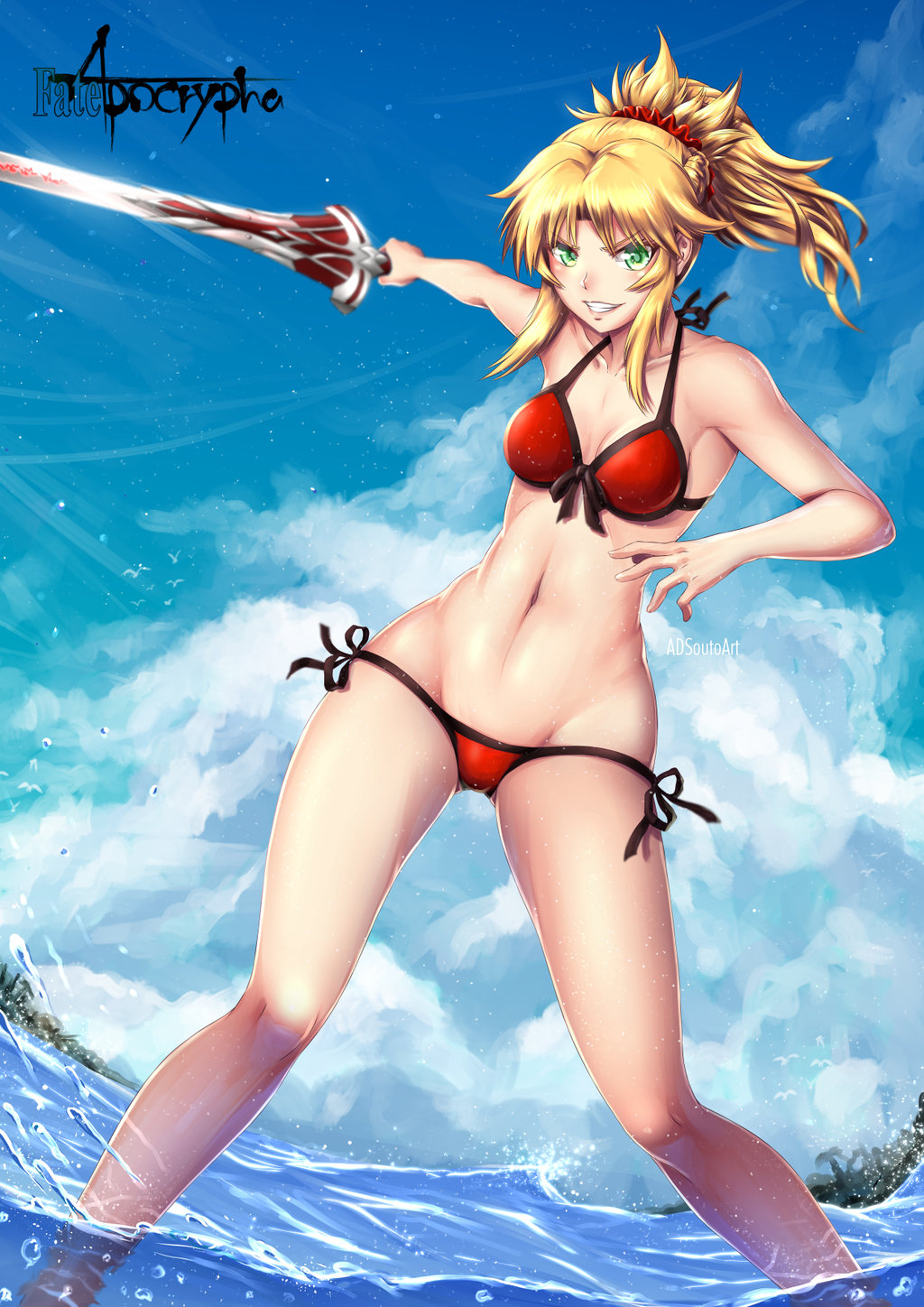 1girl artist_name bikini blonde_hair breasts clarent cleavage copyright_name fate/apocrypha fate/grand_order fate_(series) front-tie_bikini front-tie_top green_eyes groin highres long_hair medium_breasts mordred_(swimsuit_rider)_(fate) navel ocean ponytail red_scrunchie saber_of_red side-tie_bikini skindentation smile solo swimsuit v-shaped_eyebrows wading water waves wide_sleeves wide_stance